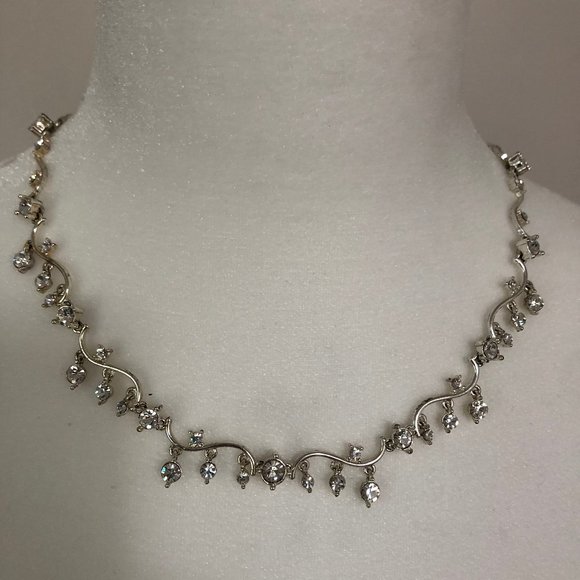 Silver tone metal with cubic zirconia necklace - Picture 1 of 9